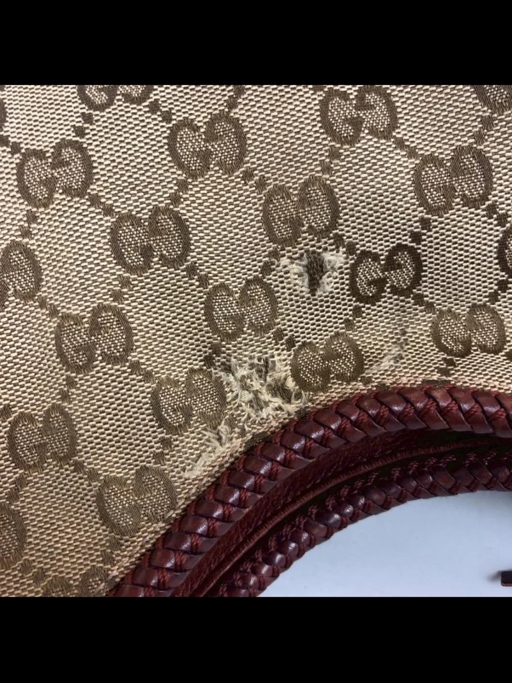 Gucci Beige Monogram Hobo with Brown Leather Trim and Tassel
